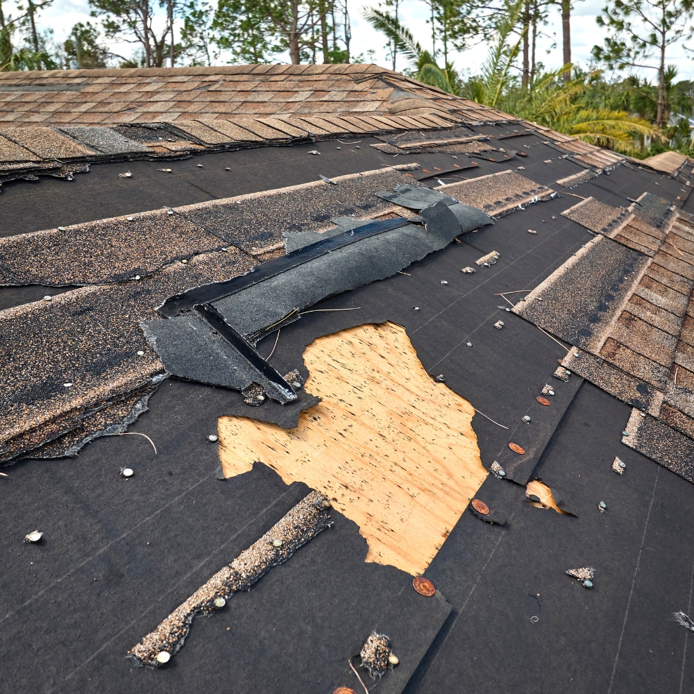 Close-up of roof damage for Priority Restoration repairs