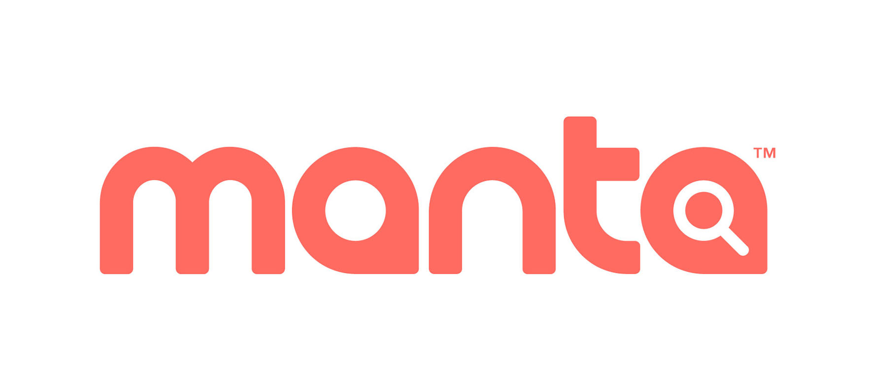 Manta logo featuring the word "manta" in coral color with a magnifying glass inside the letter "a".