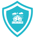 Shield icon protecting a house from flood and storm damage.